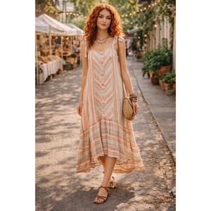 GiGio Striped Tie Strap Midi Dress Large Boho Tiered Cotton Summer Vacation